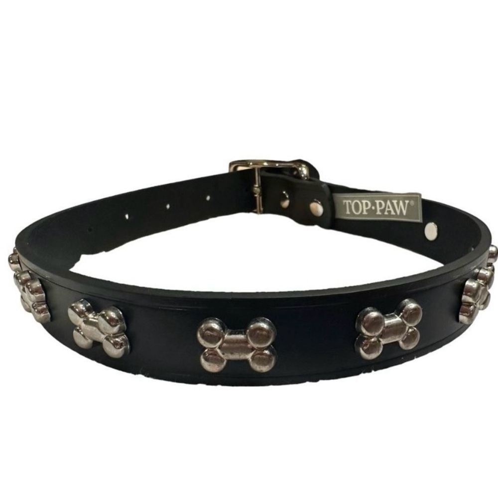 Top Paw Bone Studded Black Leather Dog Collar Sz Large 17-21”